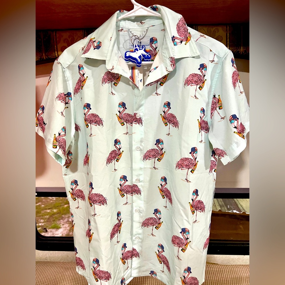 Simply Southern light Blue Pink flamingos Casual Button Down Shirt Size M